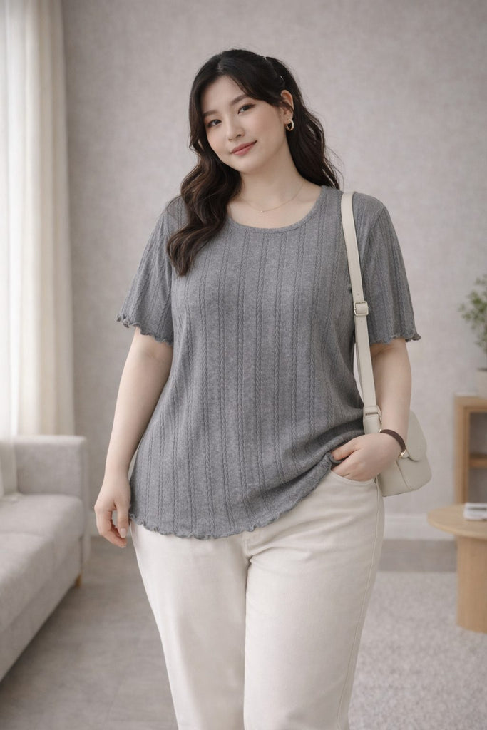 plus size grey textured t shirt ruffle hem relaxed fit front

