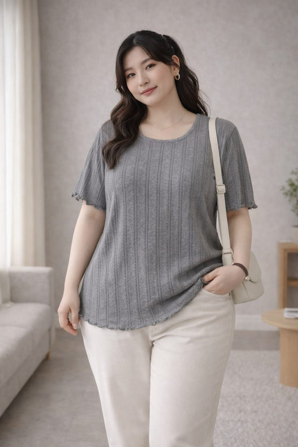 plus size grey textured t shirt ruffle hem relaxed fit front
