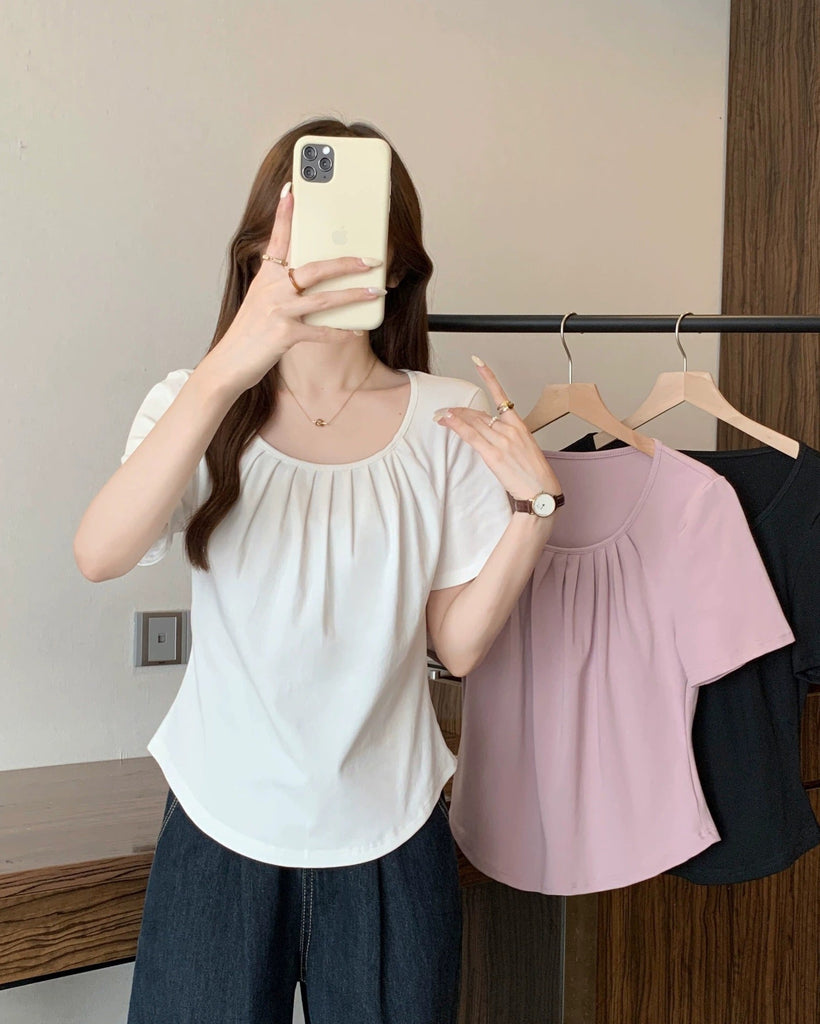 plus size casual pleated scoop neck top front view
