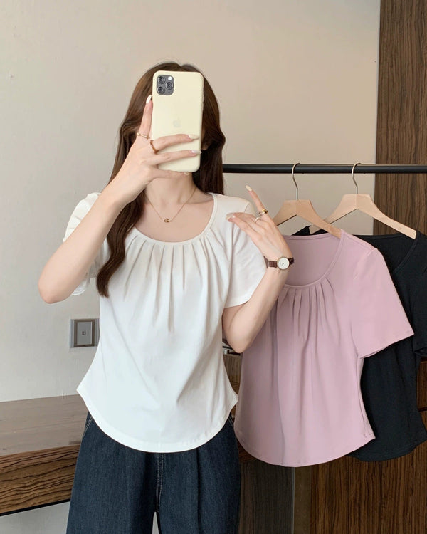 plus size casual pleated scoop neck top front view
