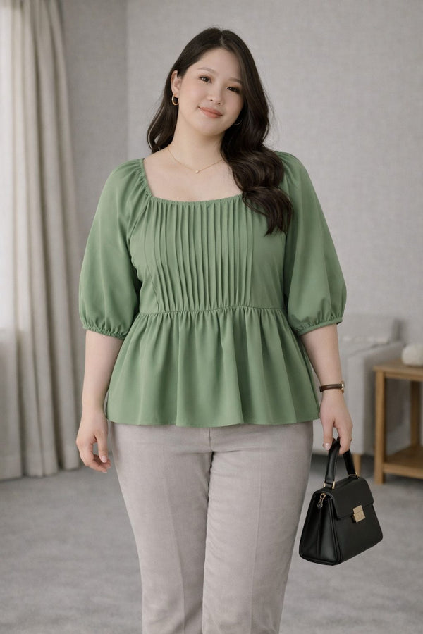 plus size green pleated square neck peplum blouse front view