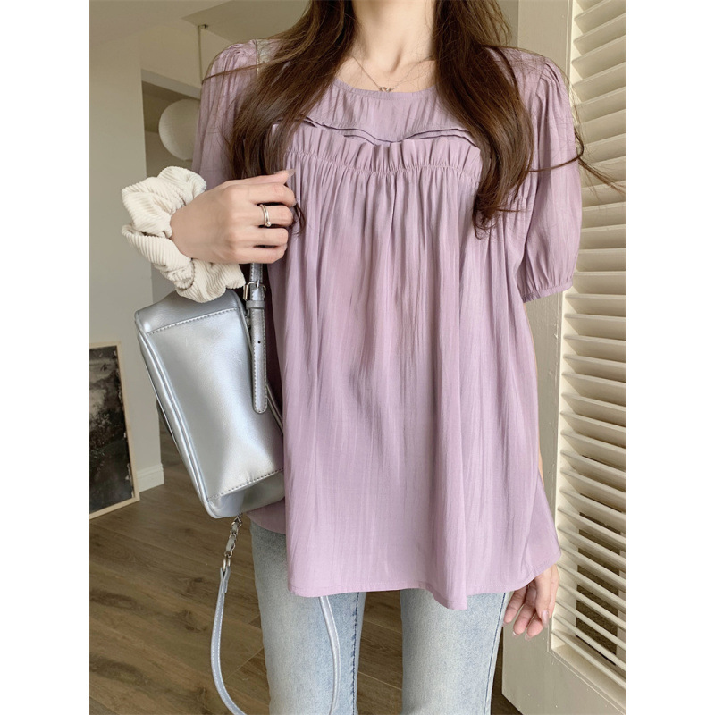 Plus Size Pleats Frill Round Neck Blouse