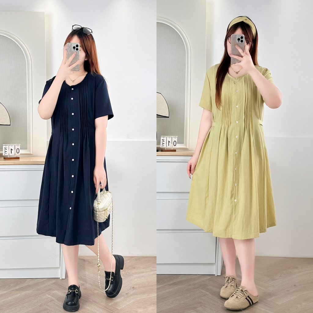 Plus Size Pleats Henley V-Neck A Line Dress