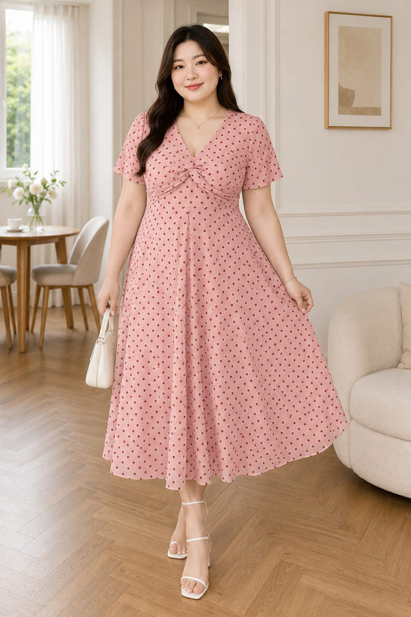 Plus size pink polka dot empire waist midi dress front view