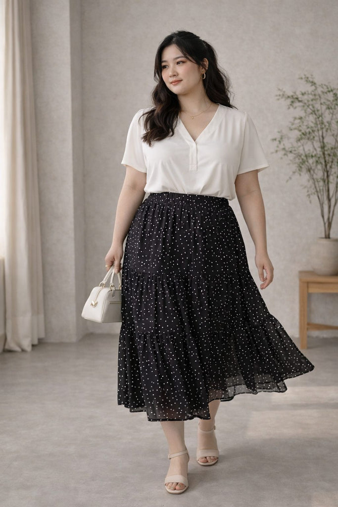 Plus Size Midi Skirt – Polka Dot Tiered A-Line