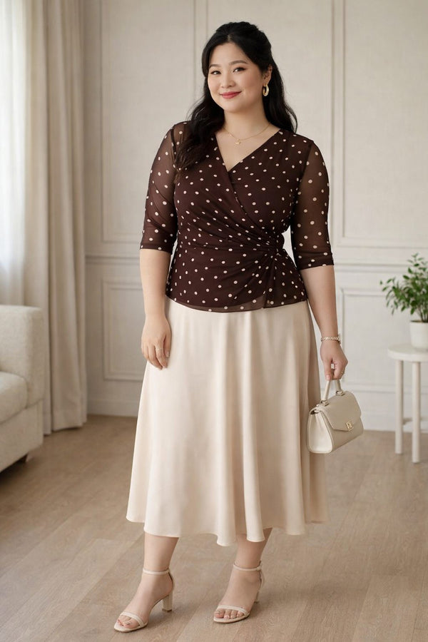 plus size brown polka dot wrap blouse fitted front view