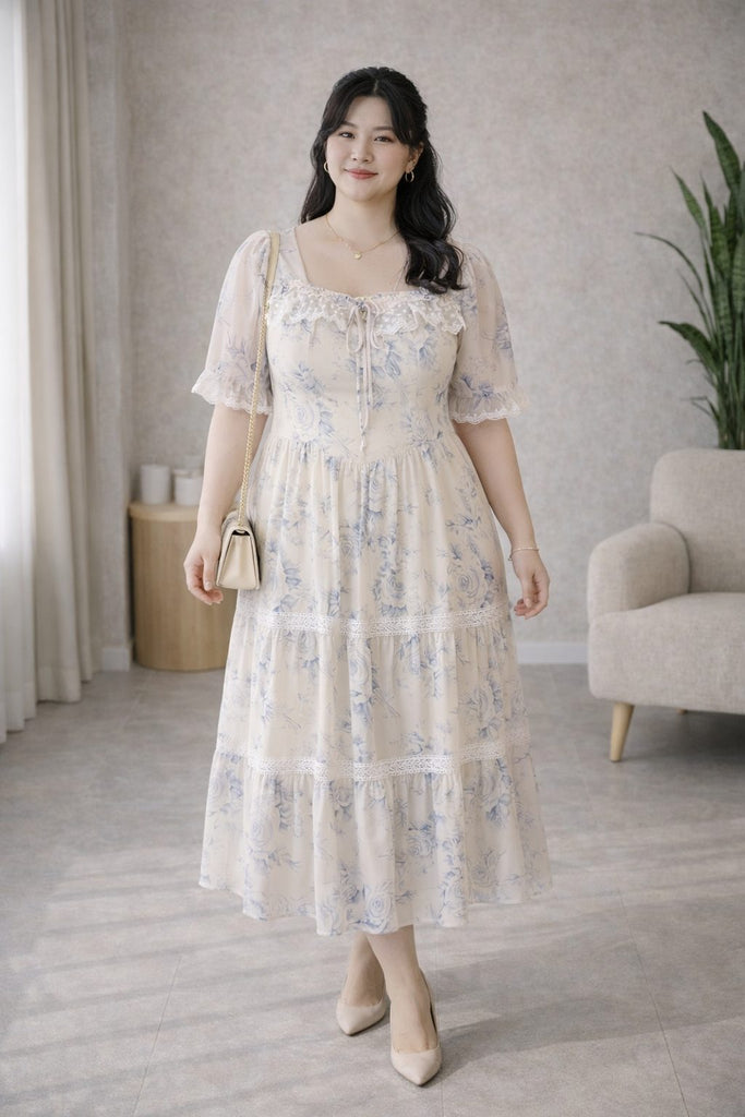 Plus Size Midi Dress – Porcelain Print Romantic Square Neck (EXTRA BIG –  Pluspreorder