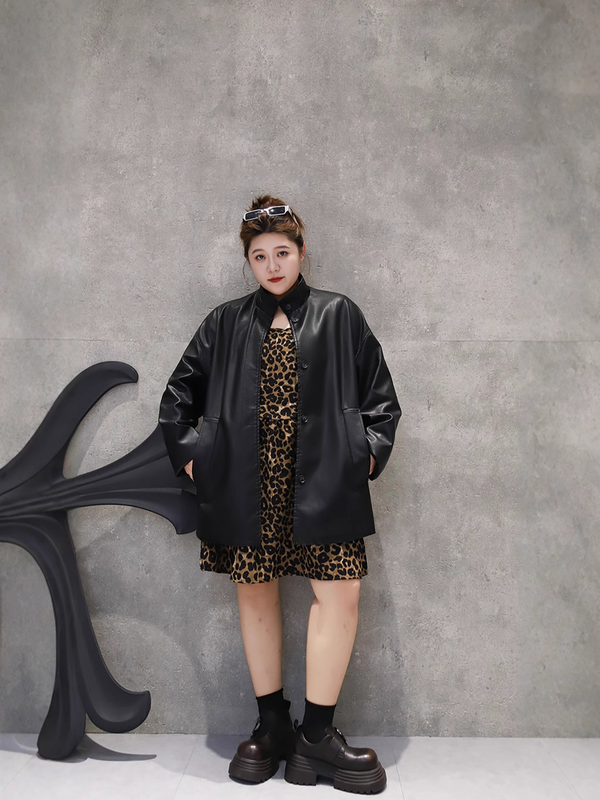 Plus Size Pu Stand Collar Jacket (Extra Big Size)