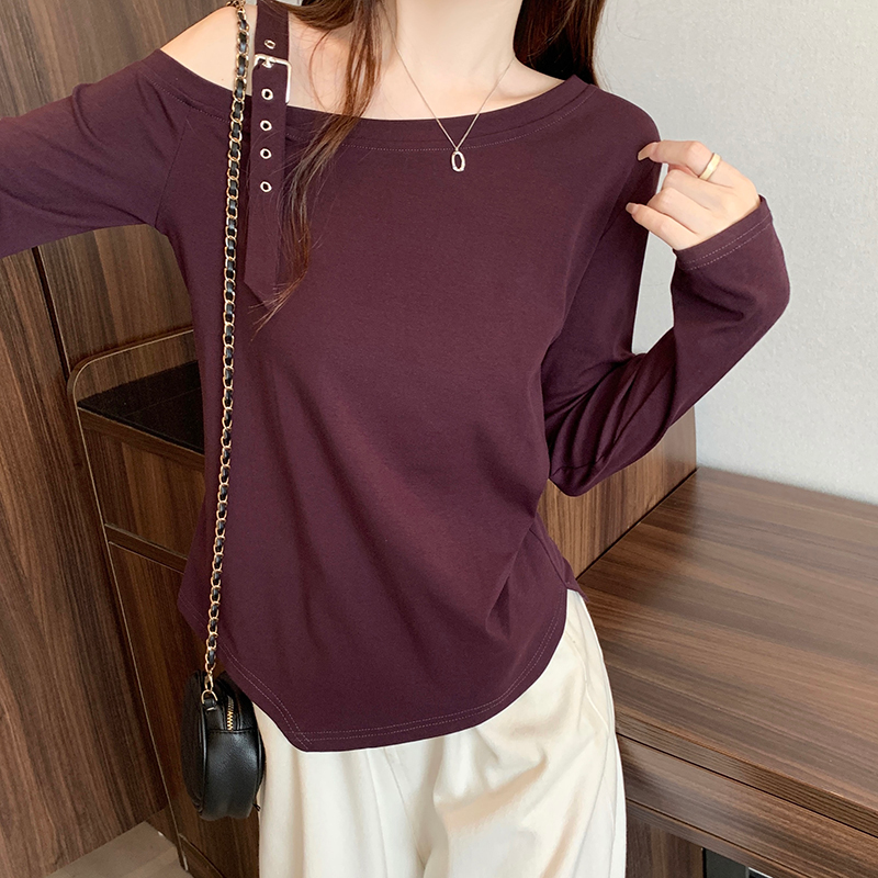 Plus Size Punk Belt Buckle Cold Shoulder Long Sleeve T Shirt