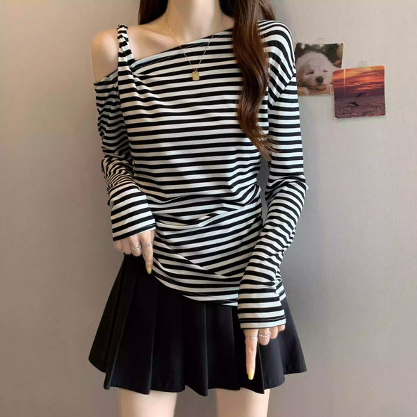 Plus Size Punk Stripes Cold Shoulder Long Sleeve T Shirt
