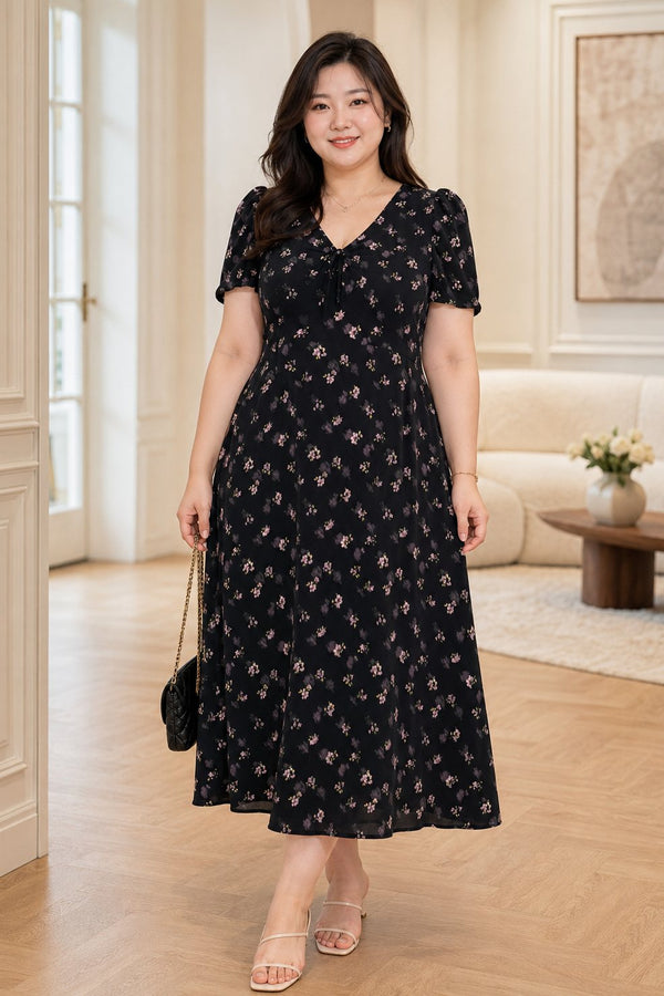 Plus size purple ditsy floral V neck chiffon short sleeve midi dress front view