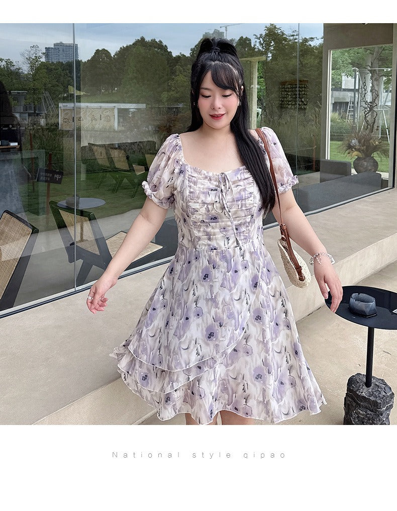 Plus Size Purple Floral Square Neck A-Line Dress – Pluspreorder