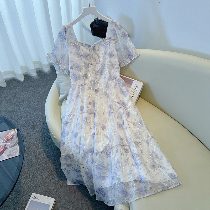 Plus Size Purple Floral Square Neck Dress (EXTRA BIG SIZE)