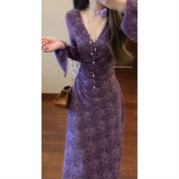 Plus Size Purple Floral Wrap Long Sleeve Dress