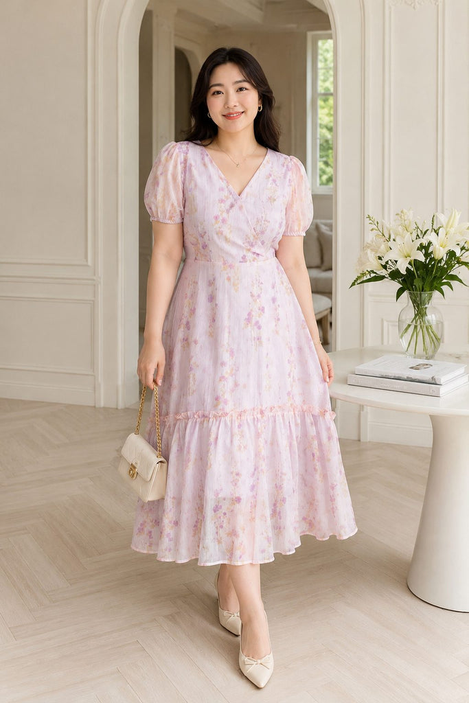 Plus size purple floral wrap midi dress front view