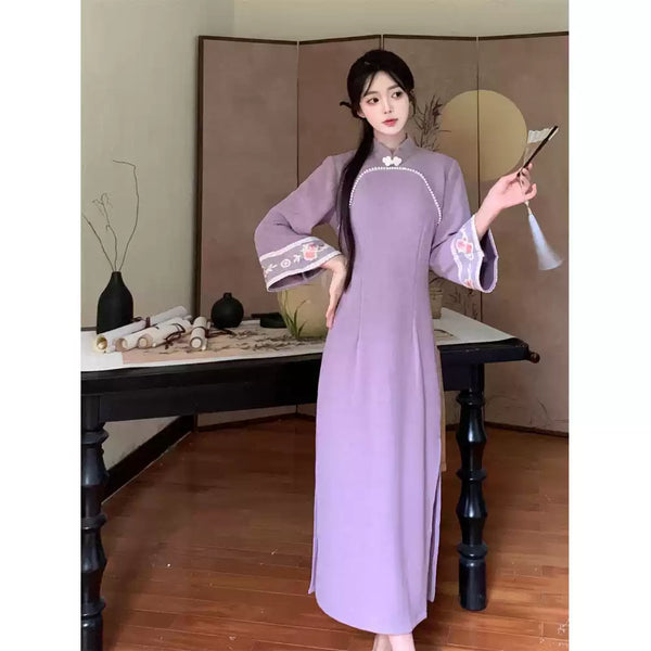 Plus Size Lavender Purple Long Sleeve Qipao