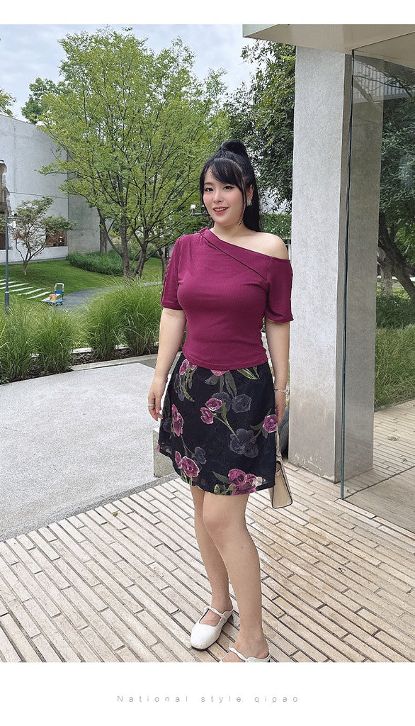 Plus Size Purple Oriental Floral Mini Skirt – Pluspreorder