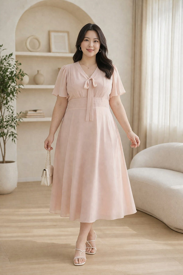 plus size pussybow empire waist a line dress in pastel pink