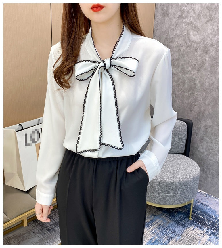 (3XL) Plus Size White Pussybow Long Sleeve Top