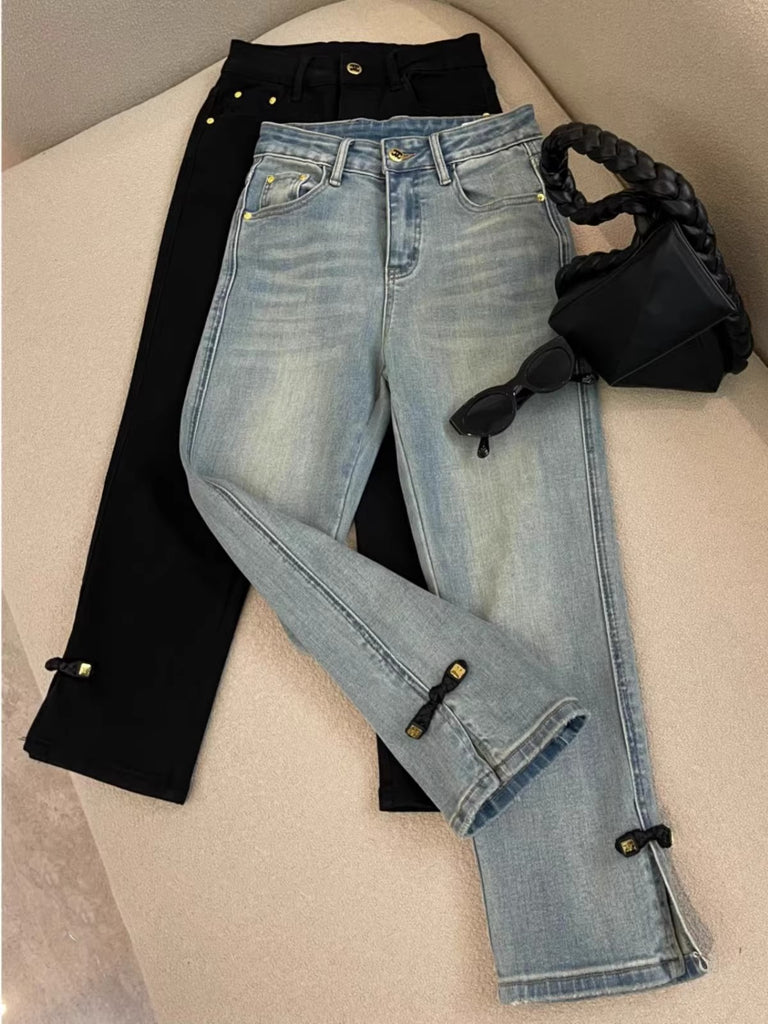 Plus Size Qipao Button ¾ Length Cigarette Jeans