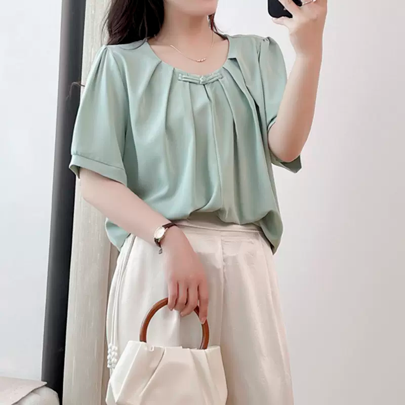 Plus Size Qipao Button Pleat Short Sleeve Blouse