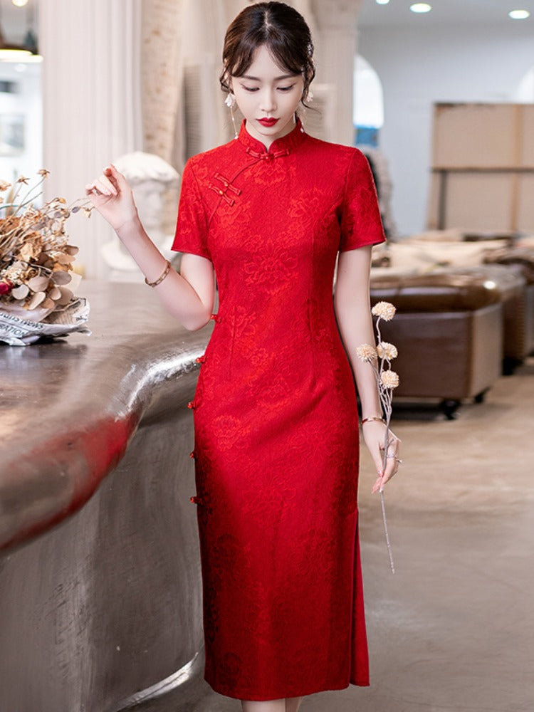 (S-5XL) Plus Size Red Qipao Dress