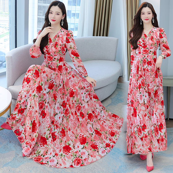 (M-4XL) Plus Size Bright Floral Chiffon Long Sleeve Midi Maxi Dress