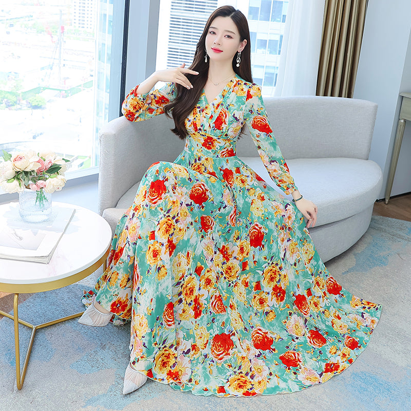 M-4XL) Plus Size Bright Floral Chiffon Long Sleeve Midi Maxi Dress –  Pluspreorder