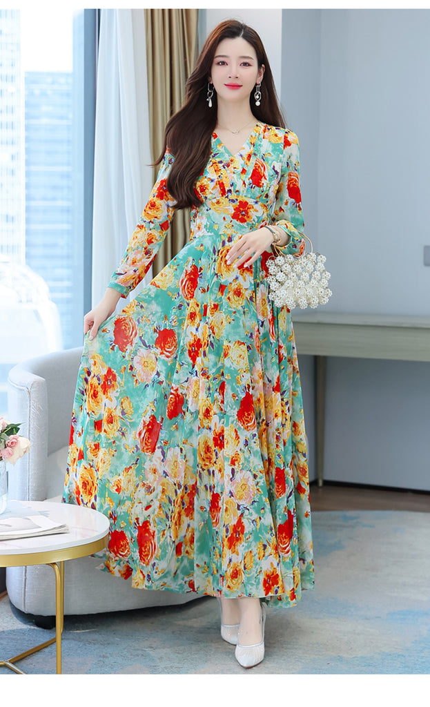 M-4XL) Plus Size Bright Floral Chiffon Long Sleeve Midi Maxi Dress –  Pluspreorder