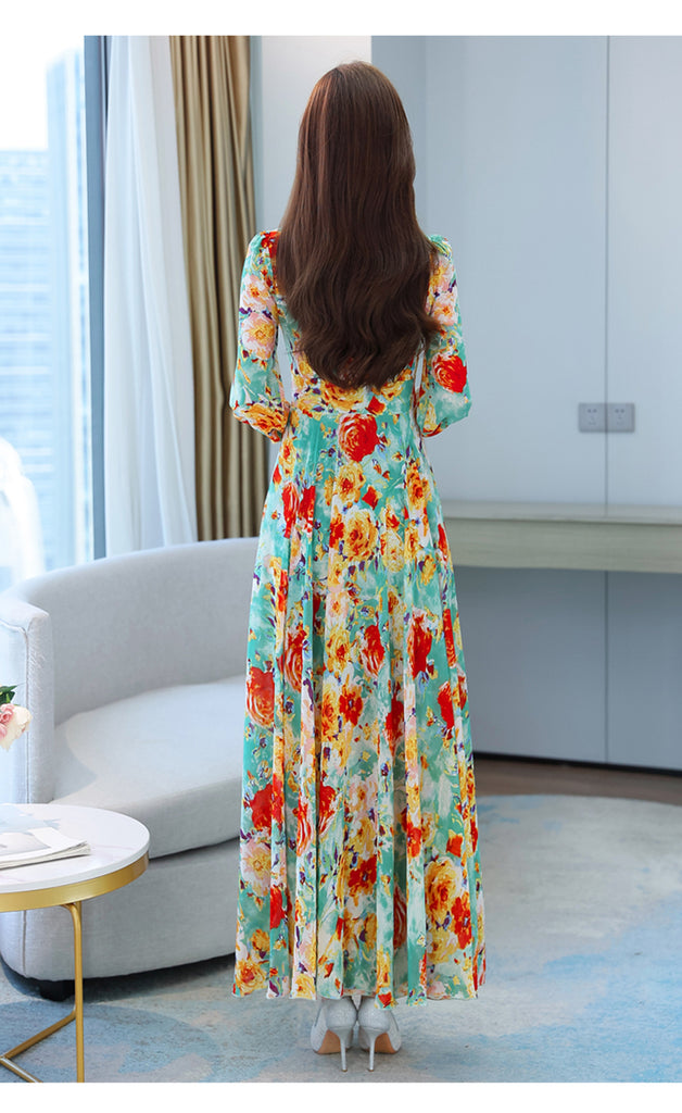 plus size chiffon long sleeve dress M-4XL) Plus Size Bright Floral Chiffon Long Sleeve Midi Maxi Dress –  Pluspreorder