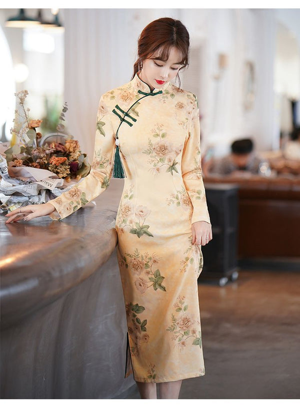 Plus Size Yellow Floral Modern Long Sleeve Qipao Dress (EXTRA BIG SIZE)