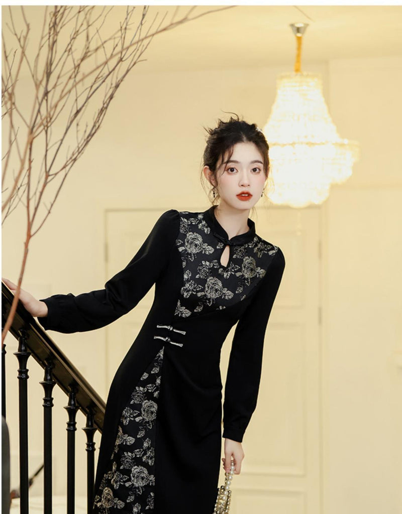qipao dress long sleeve Long Sleeve Floral Signature Cotton Cheongsam Qipao Dress