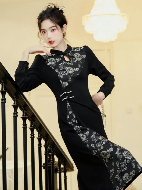 Plus Size Floral Modern Long Sleeve Qipao Dress (EXTRA BIG SIZE)