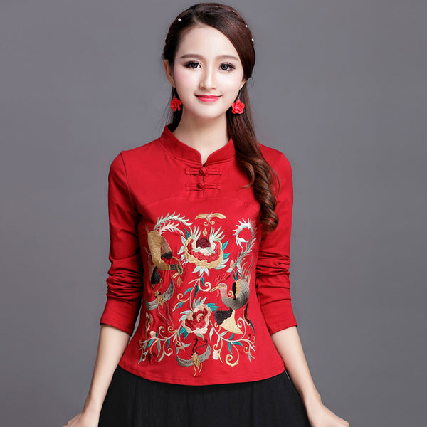 Plus Size Chinese Embroidery Long Sleeve Top