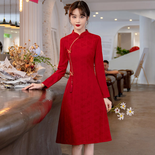 Plus Size Red A Line Long Sleeve Cheongsam Dress