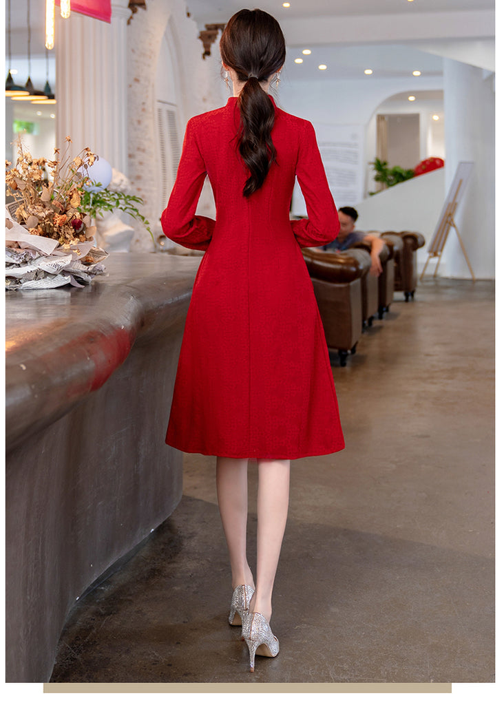 Plus Size Red A Line Long Sleeve Cheongsam Dress – Pluspreorder