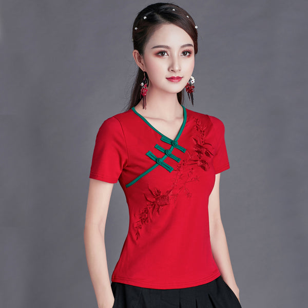 Plus Size V Neck Embroidery Chinese Qipao Top