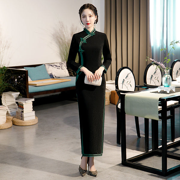 Plus Size Green Trim Black Maxi Cheongsam Dress