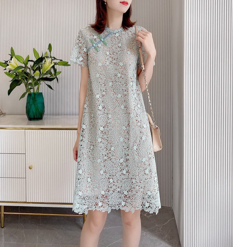 Plus Size Green Crochet Lace Cheongsam Shift Dress