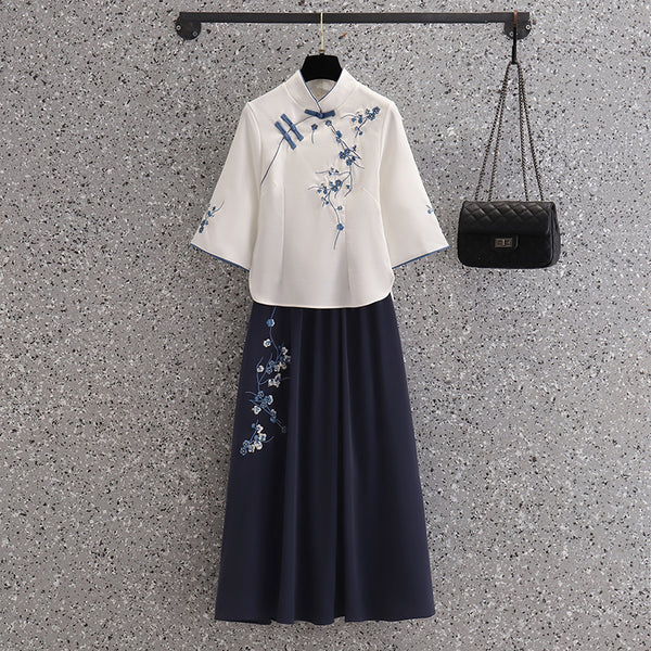 Plus Size White Qipao Shirt and Skirt Set