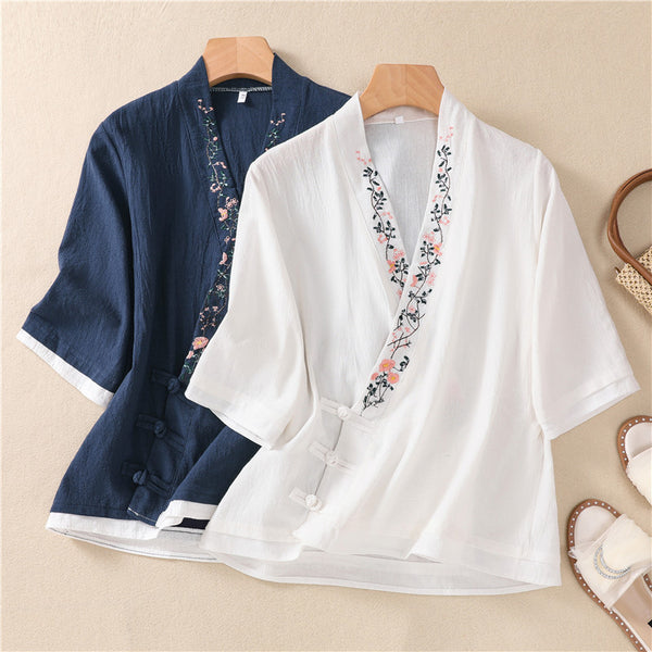 Plus Size Chinese Embroidery Wrap Blouse