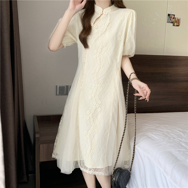 knee length dresses for ladies Plus Size Beige Lace Short Sleeve Qipao Dress – Pluspreorder