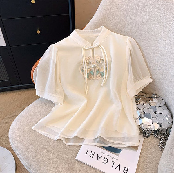 Plus Size Modern Chinese Embroidery Loose Short Sleeve Blouse