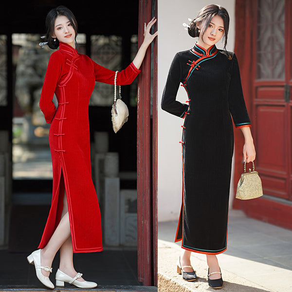 Plus Size Green Red Cheongsam Maxi Dress