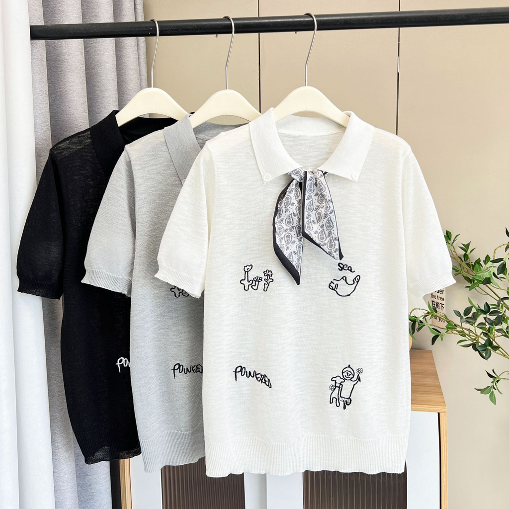 Plus Size Quirky Embroidery Scarf Sweater Top