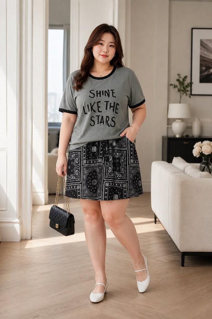 Plus size quote ringer T-shirt and paisley mini skirt set front view on model