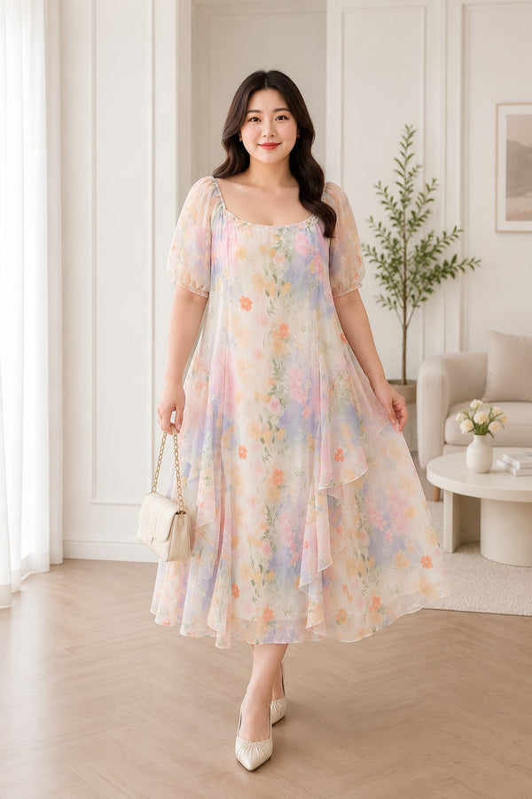 Plus size rainbow tie-dye floral square neck midi dress front view on model