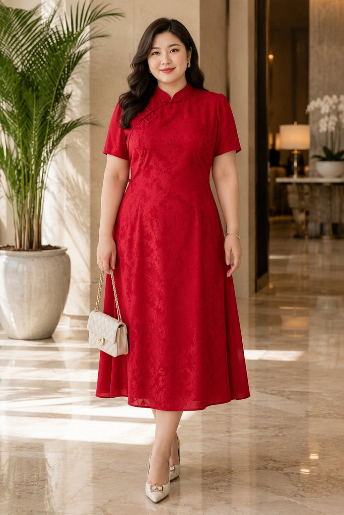 Plus size red cheongsam midi dress with mandarin collar and floral jacquard pattern