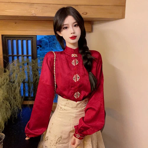 Plus Size Red Chinese Collar Long Sleeve Blouse