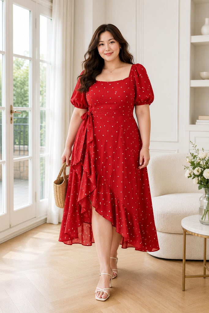 Plus size red ditsy floral square neck puff sleeve midi dress front view